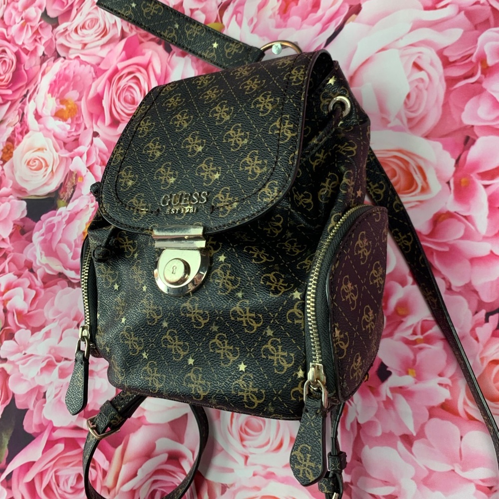 GUESS🤎brown leather like G monogram mini bucket hobo backpack bag - Picture 12 of 13